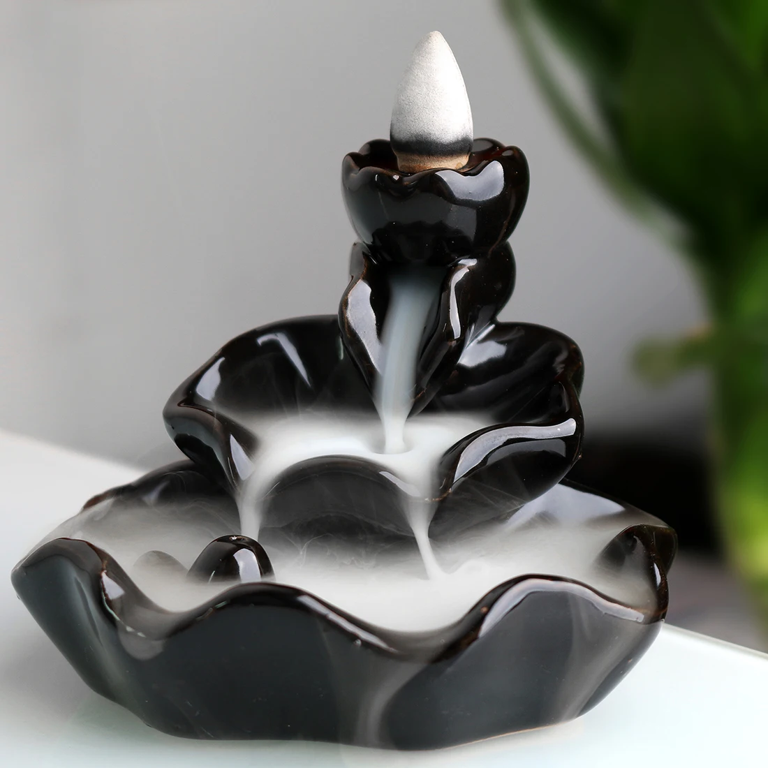

Ceramic Lotus Smoke Backflow Tower Incense Burner Mini Black Glazed Lotus Censer