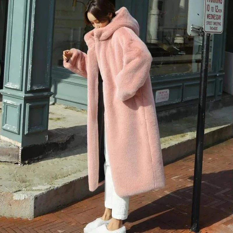 

Новинка 2021, Женское зимнее пальто из искусственного меха, длинные меховые пальто с капюшоном, плотное теплое женское плюшевое Свободное пал...