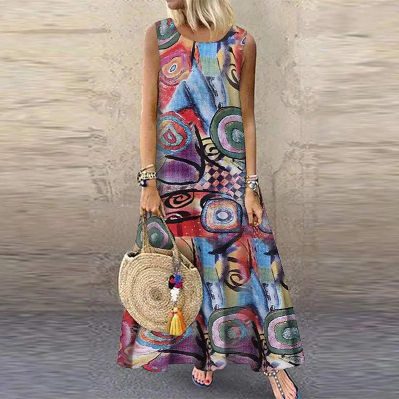 Красный ZANZEA Summer Women Floral Printed Sundress Bohemian Sleeveless Dress Robe Femme Vintage Sarafans Kaftan Beach Vestido Plus Size - Цвет: Красный