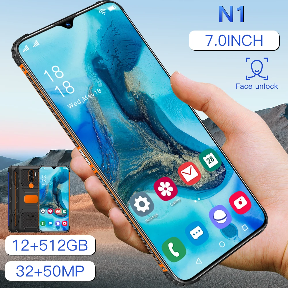 

N1 Smartphone 12+512gb 7.0 Inch 32 50 mp 6800mah Deca Core Andriod10.0 1440*3200 Fingerprint Id Android Cell Phone Face unlock