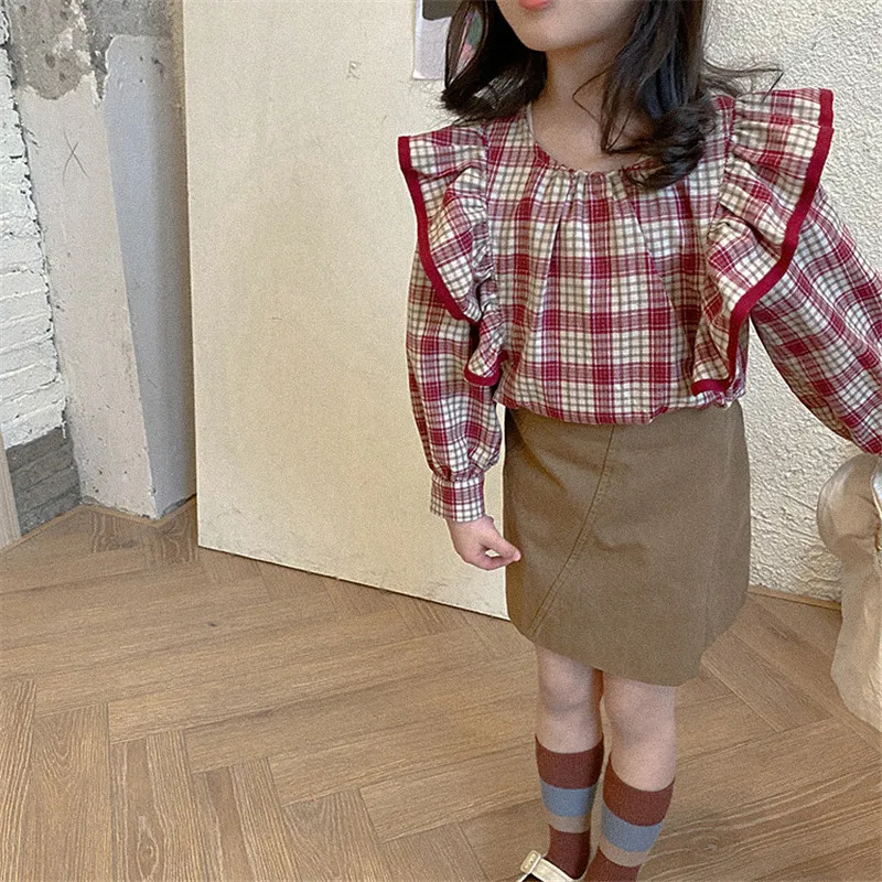 

Red Wine Pullover Children Clothes Spring Summer Girls Ruffle Blouses Shirts Kids Teenagers Outwear Breathable High Quality