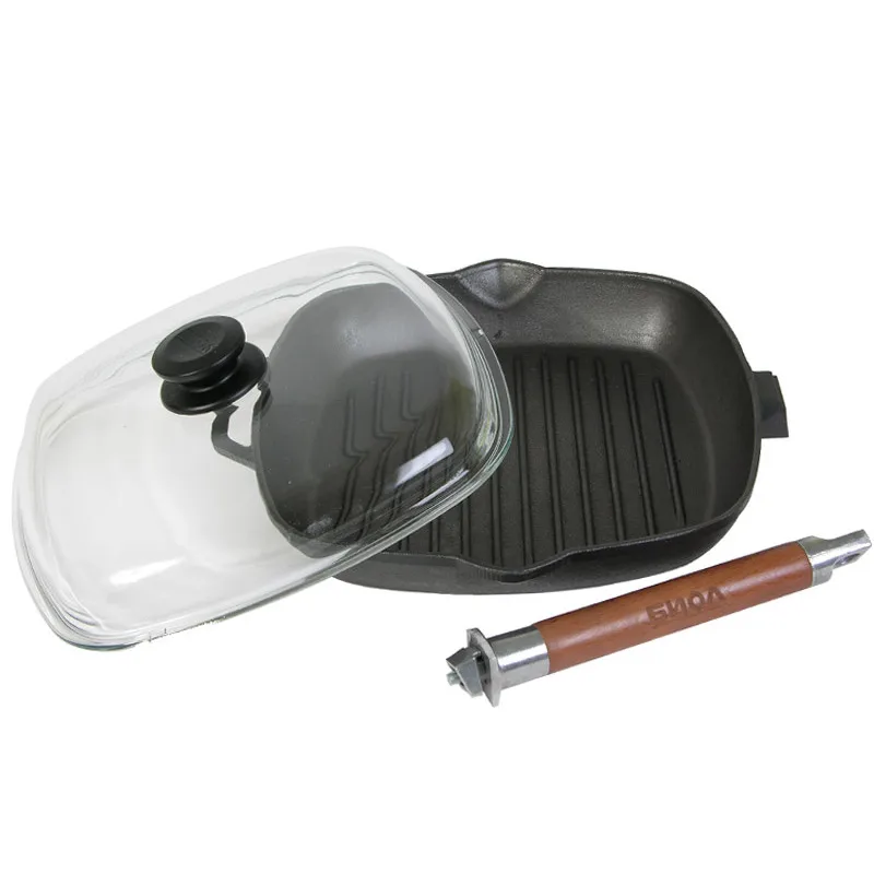 СКОВОРОДА ГРИЛЬ ЧУГУННАЯ &quotБиол&quot с крышкой и съемной деревянной ручкой 26*26/28*28