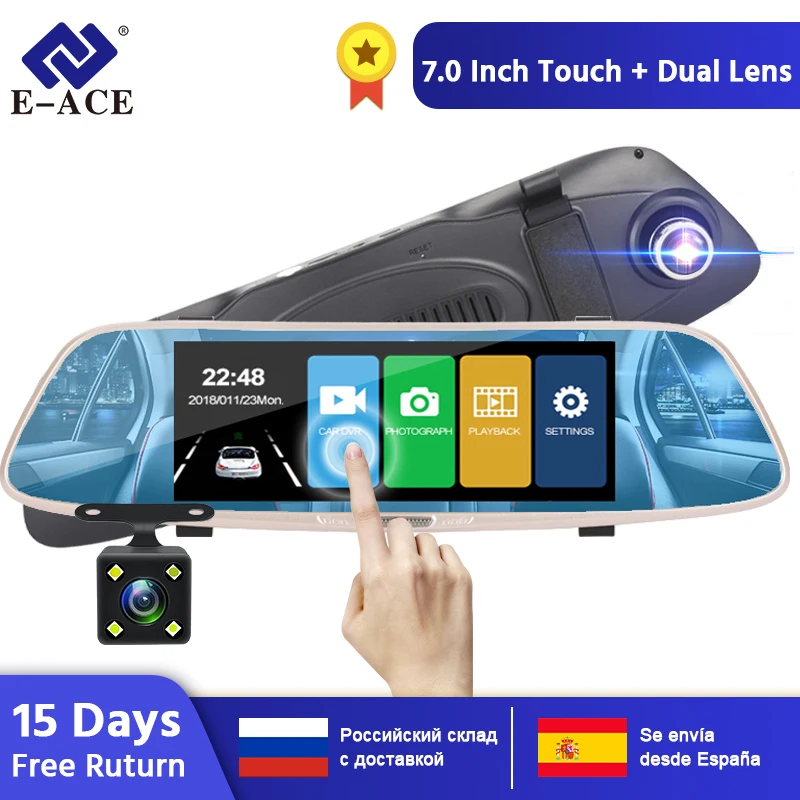E-ACE Автомобильная dvr камера FHD 1080P 7,0 дюймов сенсорный зеркальный видеорегистратор двойной объектив с камерой заднего вида авто регистратор видеорегистратор