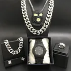 Роскошные мужские часы серебряного цвета, ожерелье, браслет, кольцо и серьги, комбинированные часы в стиле хип-хоп, ювелирные изделия-ожерелье для мужчин