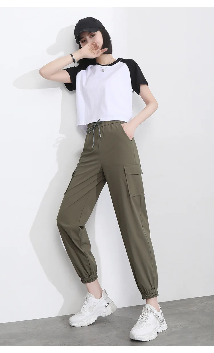 

Women Fashion Harem Pants Summer Elastic High Waist Slim Casual Solid Color Joggers Sweatpants Streetwear Hip Hop Cargo Pants