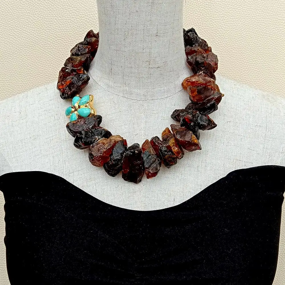 

Y·YING Natural Brown Amber Rough Raw Necklace Turquoise Flower Pendant 20" Statement Jewelry