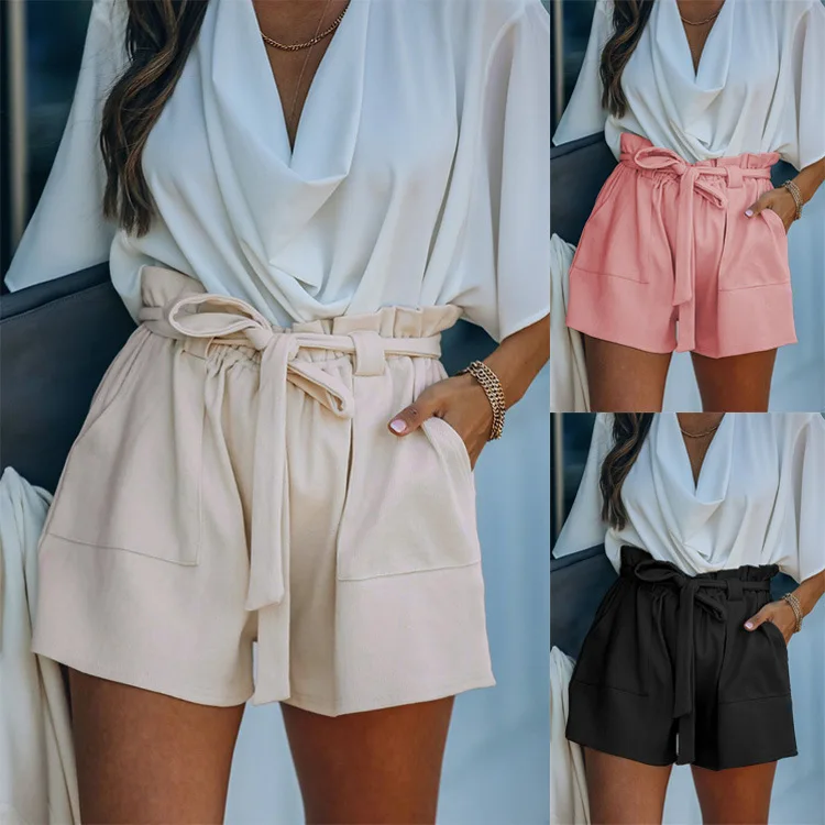 

2021 summer new women's solid color casual shorts loose lace wide-leg pants