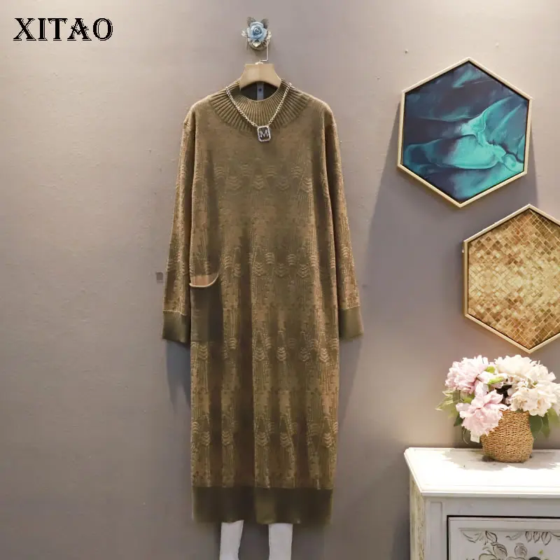 

XITAO Vintage Knitting Jacquard Dress Loose Fashion Half High Collar 2021 New Autumn Winter All-match Women Long Dress GWJ1392