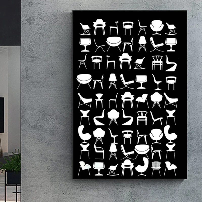 Poster - History Of Chairs - Retro Chairs - Furniture Art - Chair Silhouettes - Iconic Chairs - Barcelona Eames Chairs Can
