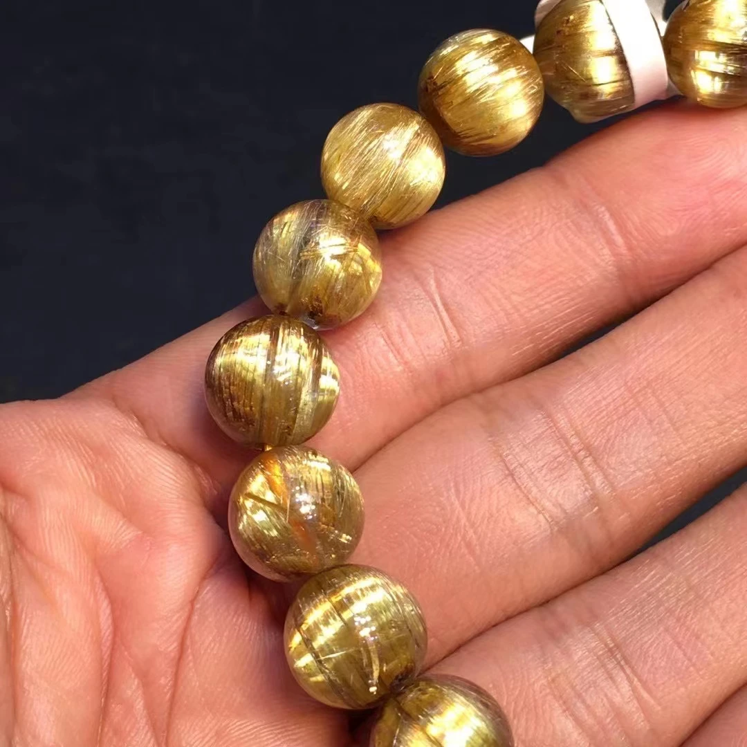 

Natural Gold Rutilated Quartz Crystal Bracelet 10.5mm Woman Men Clear Round Beads Jewelry Brazil Genuine AAAAAAA