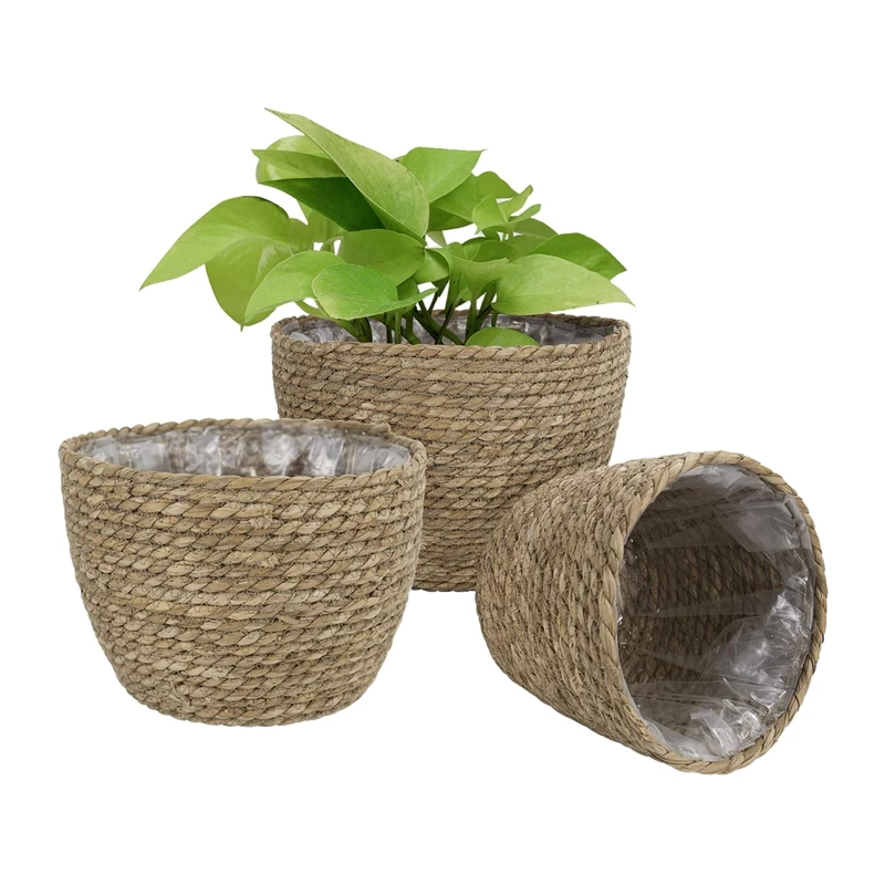 

Seagrass Planter Basket Set Of 3 Indoor Outdoor, Flower Pots Cover,Plant Containers,Flower Basket Primary Grass color