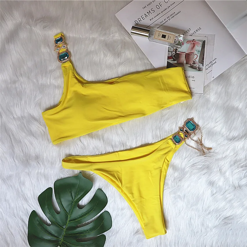 

6 Color New Bling Diamond Bikini 2021 Female Swimsuit Women Swimwear Two-pieces Bikini set One Shoulder Bather Bathing Suit