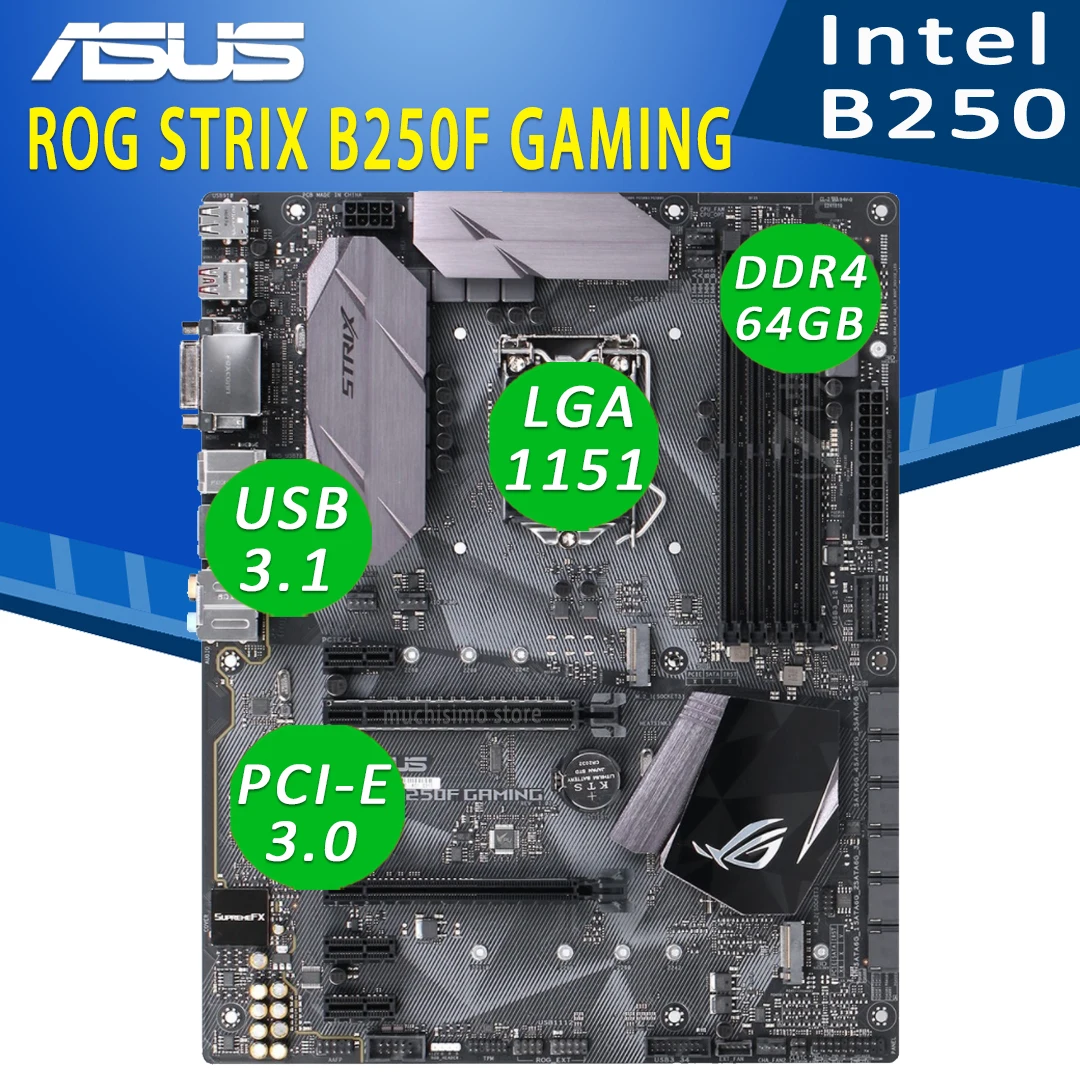 

Материнская плата LGA 1151 Asus ROG STRIX B250 F GAMING Core i7/i5/i3 DDR4 64 Гб PCI-E 3,0 M.2 SSD DVI CrossFireX B250, игровая материнская плата