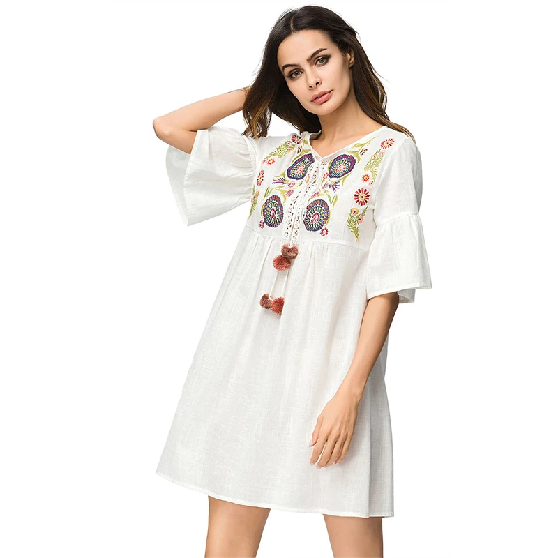 Dubai Turkey Embroidered Cotton And Linen Skirt Muslim Trumpet Sleeve Women's Clothing Islamic Morrocan Kimono Arab Middle East |