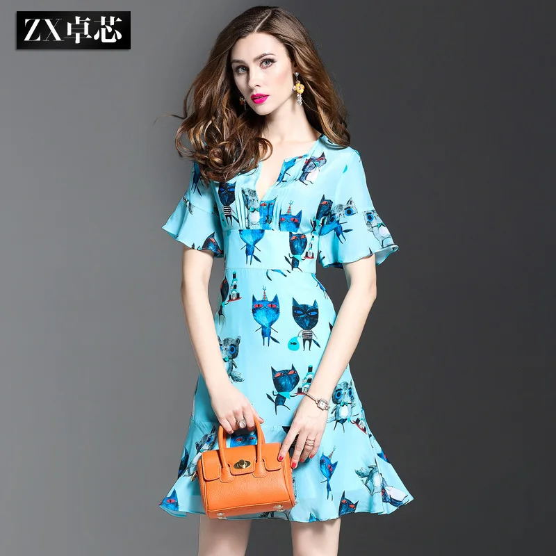 

Детские шелковые платья синего цвета с принтом кота и цветочным принтом, Женская мода 2021, Летнее Длинное повседневное сексуальное платье для офиса, для повседневной носки, размера плюс, приталенное, а