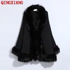 Черное пончо с большим воротником из искусственного лисьего меха, 13 цветов, образец 2019, красная плащ с открытым стежком и длинными рукавами-воланами, шаль, вязаное уличное пальто