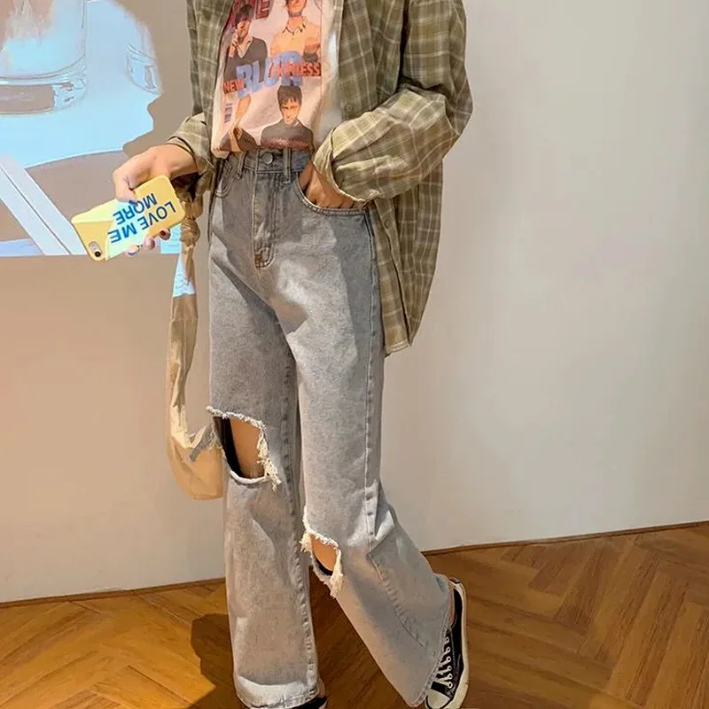 Джинсы женские с дырками модные однотонные повседневные универсальные простые