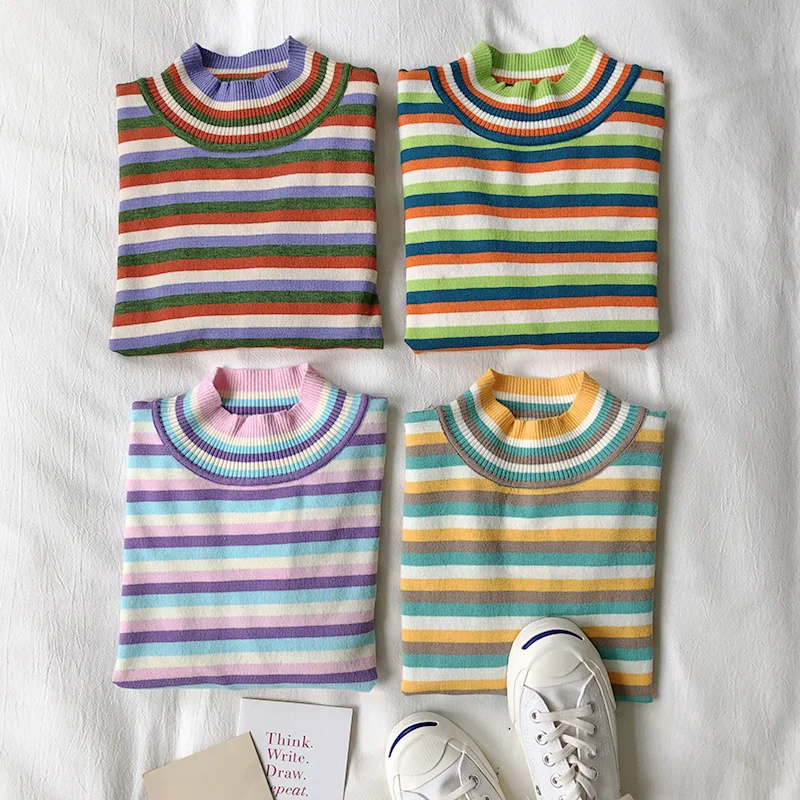 Новинка 2019 тонкий Радужный вязаный свитер полосатый стрейчевый с высоким