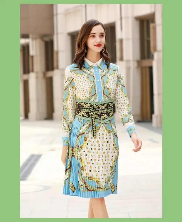 Осеннее женское платье Moda Feminina, женское Плиссированное Платье с принтом, длинный рукав, пояс с бантом, винтажное элегантное вечернее платье Sukienka