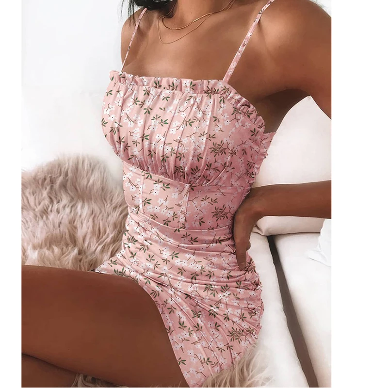 

2021 New Fashion Summer Dresses for Woman Slim Floral Satin Printed Holiday Sling Mini Female Pleated Waist Bottom Hip Dresses