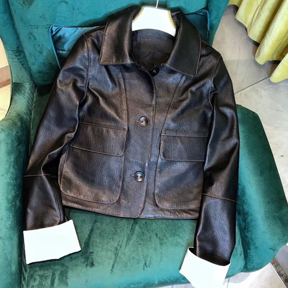 Модное однобортное женское короткое кожаное пальто Повседневная Женская