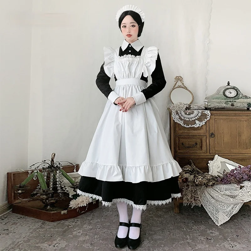 

2021 New Japanese Uniform Cute Daily Dress Black and White Traditional Maid Long Skirt Maid Costume British Butler Role Play
