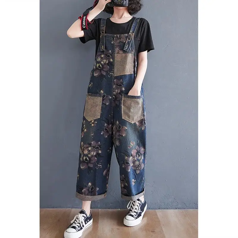 

Fat mm large size spring and summer printed Korean age reducing denim Suspenders for women