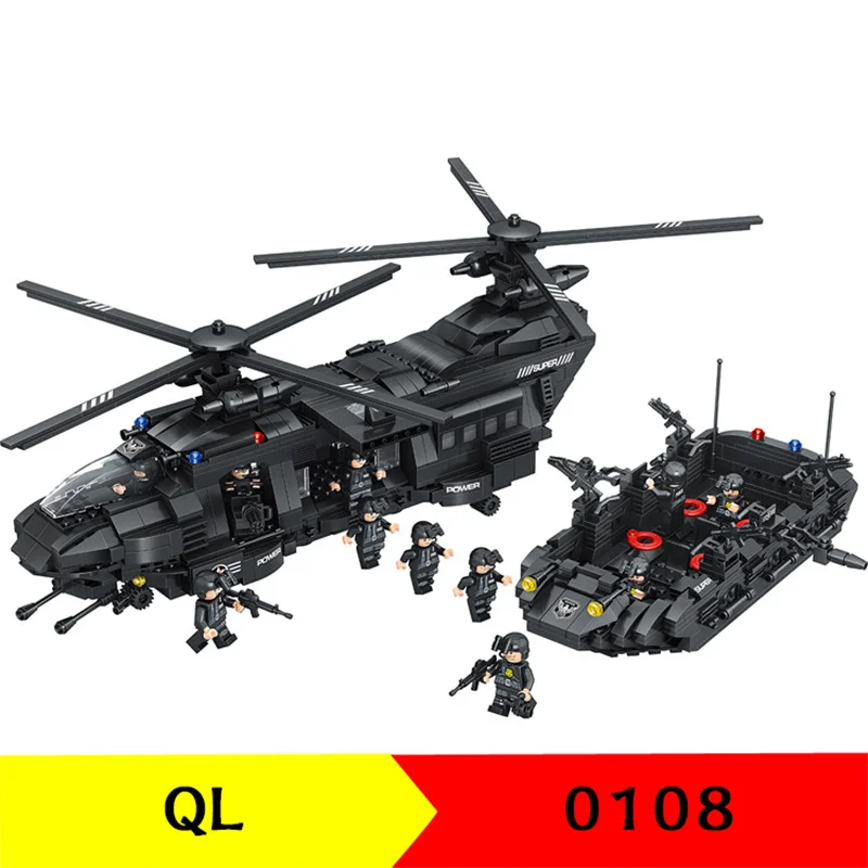 

1351Pcs QL0108 Military Series Helicopter Transporter Assembled Building Blocks Children's Educational Toy Gifts