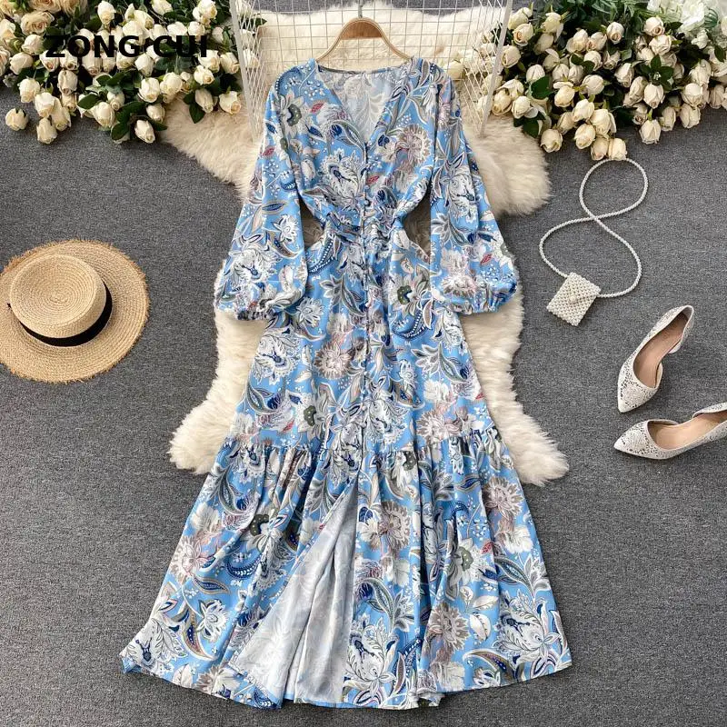 

2021 new women's autumn dress V-neck length puff sleeve single breasted Vintage Print ankle length dress fashion designer