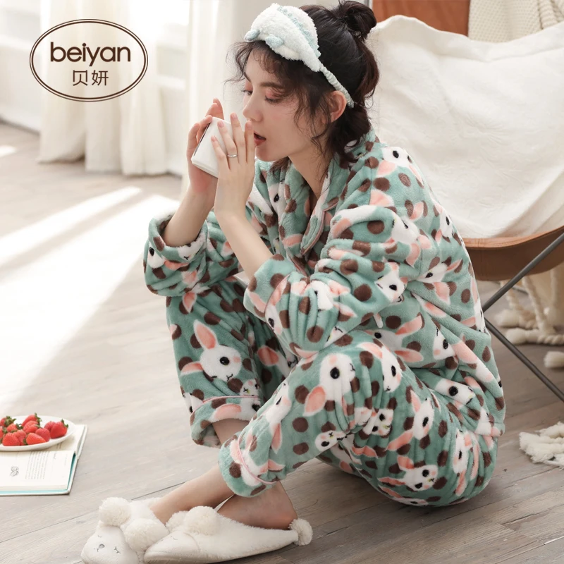 Зимняя Коралловая бархатная женская пижама милый мультяшный женский кардиган