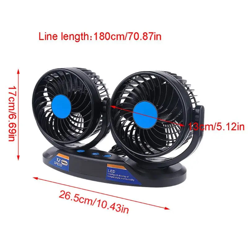 

Dual Head Car Fan 12V Vehicle Fan 5inch 12 Speeds and 360 Rotatable Cooling Fan with Temperature Humidity LED Display