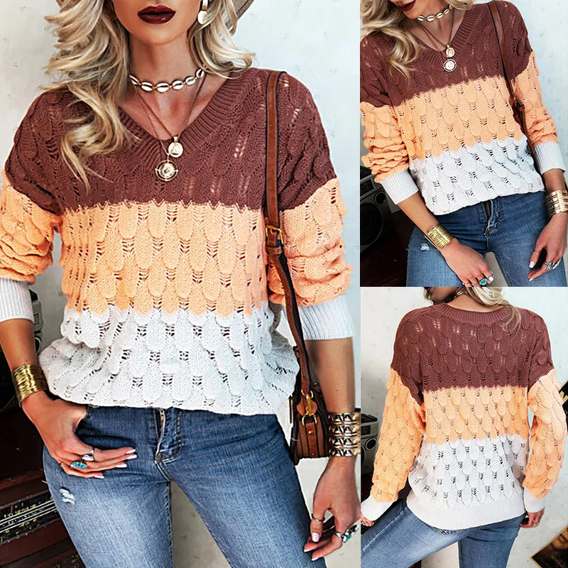

Women Sweaters pullover Autumn Winter Long Sleeve V Neck Knitted Sweater Hollow Out Women's Clothing femme 2021