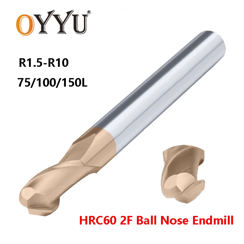 

OYYU Lengthened Tungsten Steel Ball Nose End Mills CNC HRC60 Solid Carbide Router Bit R1.5 R2 R2.5 R3 R4 Endmill