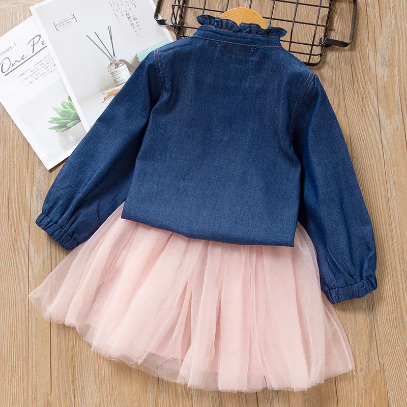 Animal Cat Applique Girls Dress Autumn Winter Cartoon Denim T-shirt with mesh 2Pcs for Girl Suits Children Clothing | Детская одежда и