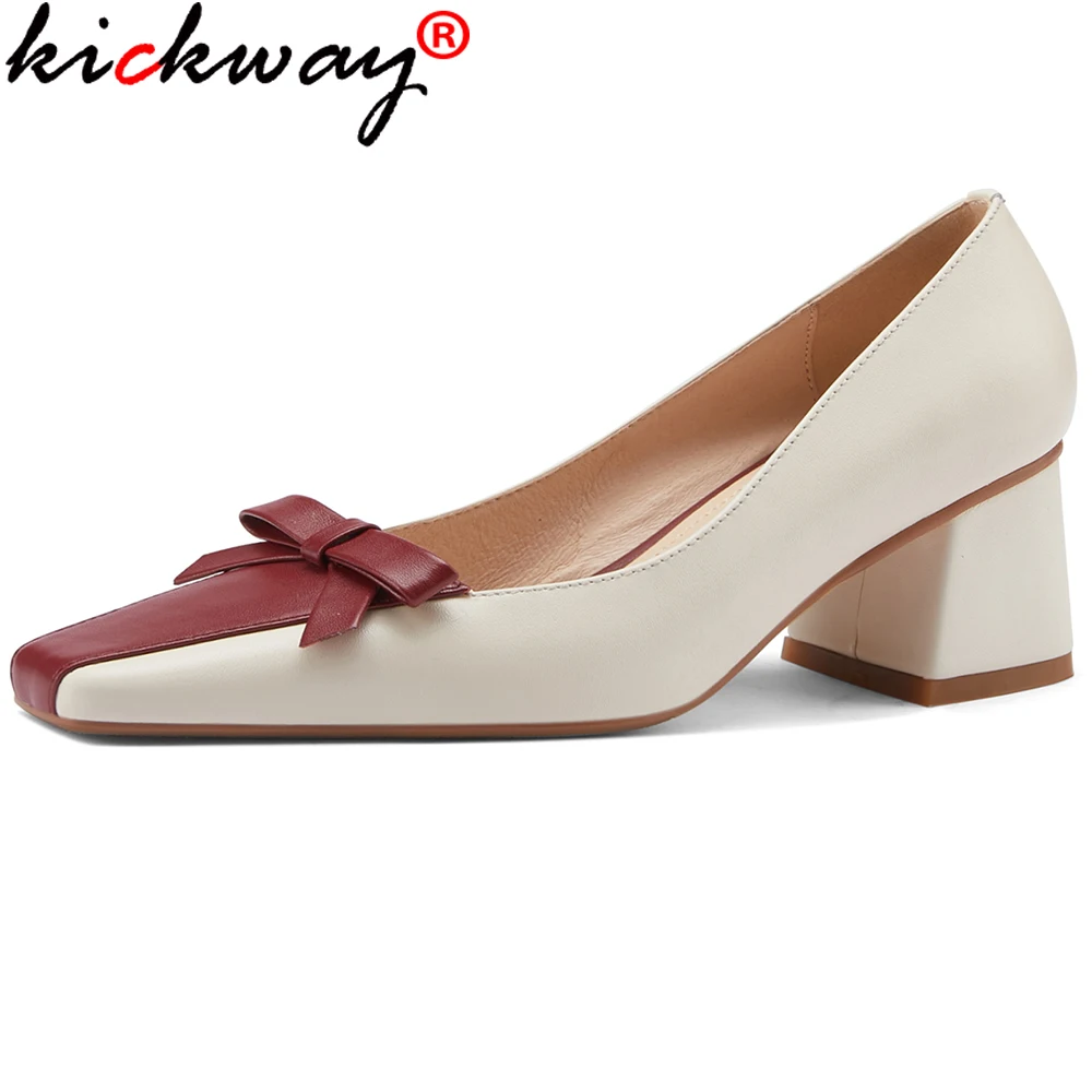 

Kickway Hot Sale High Heels Pumps Female Butterfly Knot Genuine Leather Mixed Color Round Toe Women Shoes Wedding Shoes Woman 40
