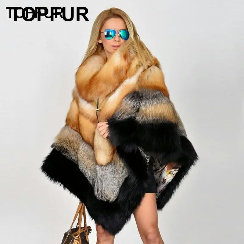 TOPFUR Real Fur Coat Women Natural Fox Fur Cape Women Cape Shawl Real Red Fox Fur Cape Shawl Bat Sleeved Fox Fur Cape Streetwear black chiffon loose bat sleeves cape shawl top