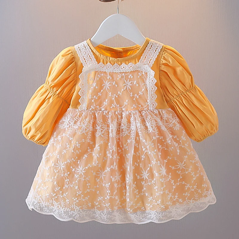 

Spring Autumn Baby Girl Dress New Cute Puff Sleeve Lace Stitching Princess Dress Toddler Kids Clothes Infant Children Dress