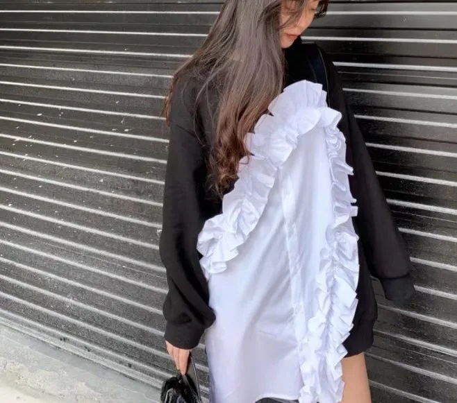 

Cultiseed Women Spring Autumn Hoodies Sweatshirt Tops Female New Black and White Ruffles Hoodies Fashion Cardigan Sweatshirt Top