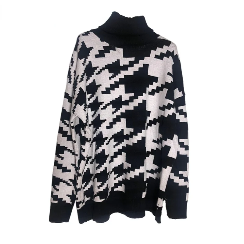 

Autumn 2021 Print Houndstooth Turtleneck Sweater For Women Long Sleeve Colorblock Casual Loose Female Pullover