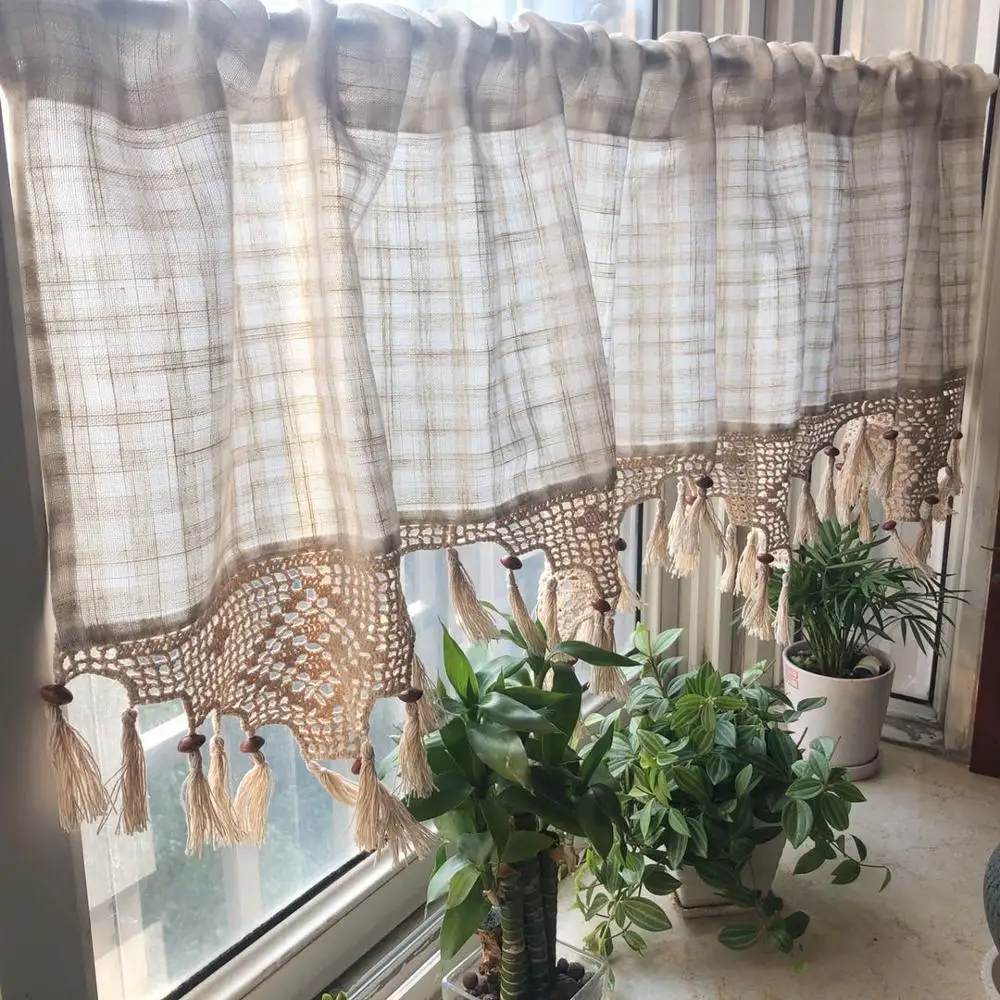 Бежевая клетчатая хлопково-Льняная декоративная Короткая занавеска с