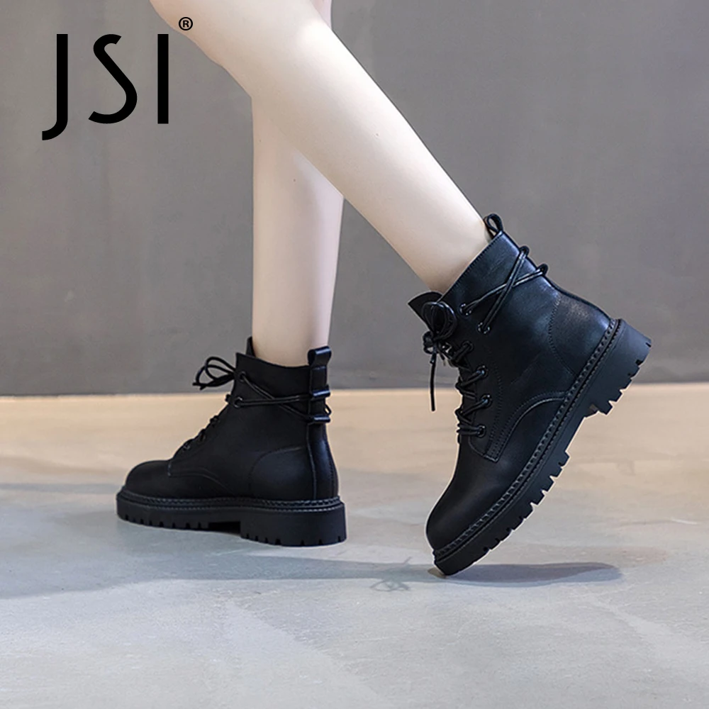 

JSI Women Ankle Boots Casual Motorcycle Genuine Leather Boots Round Toe Buckle Cross-Tied Platform Fashion Lady Shoes VO413