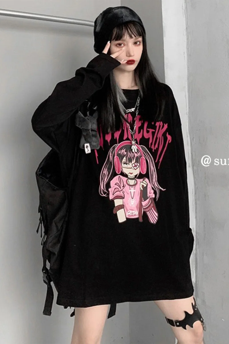 

Long-sleeved T-shirts Women's Autumn Harajuku Gothic Punk Loose Bfstyle Cartoon girl Print O-Neck Top Couple Oversize Streetwear