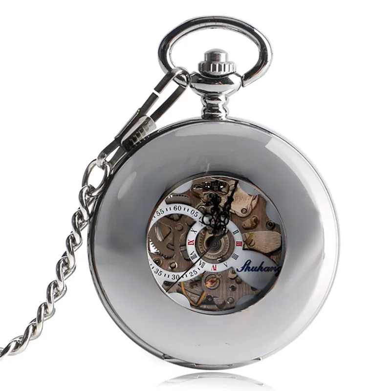 Vintage Silver Smooth Case Half Hunter Unisex Automatic Mechancial Pocket Watches with Roman Numbers Pendant Skeleton Chain Gift
