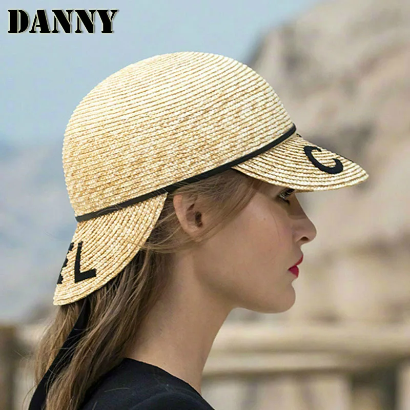 

Summer Panama Raffia Hat Double-sided Letter Embroidery Equestrian Hat Fashion All-match Vacation Travel Hat Chapeau Femme