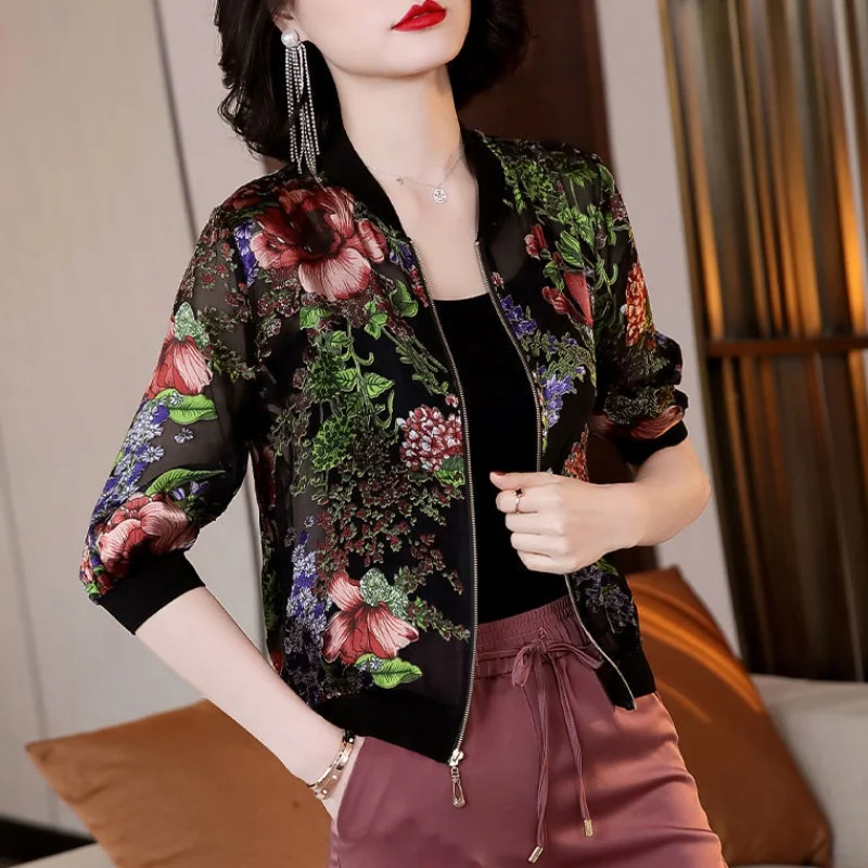 Женская шифоновая куртка-бомбер черная Свободная куртка с кружевным принтом и