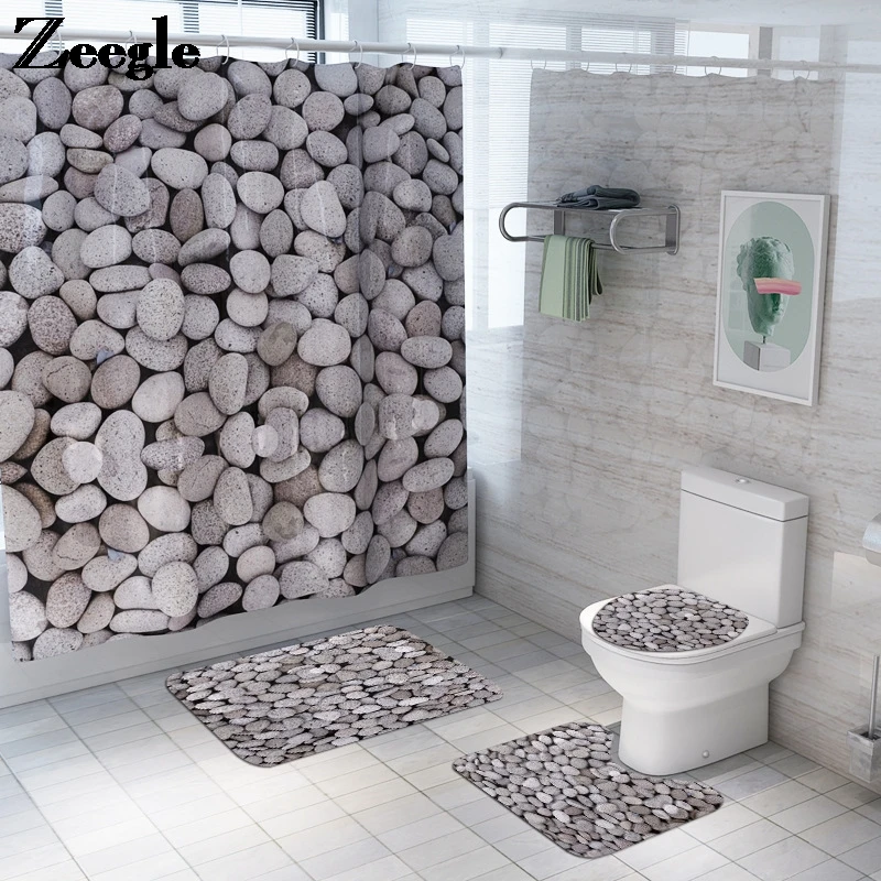 Natural Stone Bath Mat and Shower Curtain Set Modern Style Bathroom Floor Mat Toilet Seat Cover Mat Non-slip Foot Mat