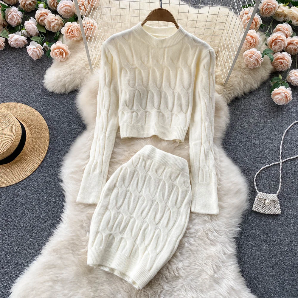 

Women Autumn Winter Knitted Set Thick Casual Loose Round Neck Sweater + High Waist Sexy Bodycon Hip Wrap Skirt Two Piece Suits
