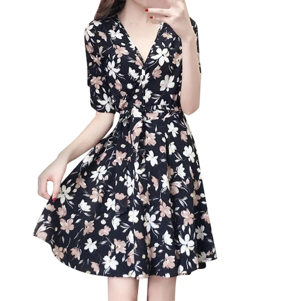 

Floral Print Bohemian Beach Dress Summer Women Chiffon Dress Ruffles Casual Short Sleeve V-Neck Wrap Party Dresses Vestidos #BL5