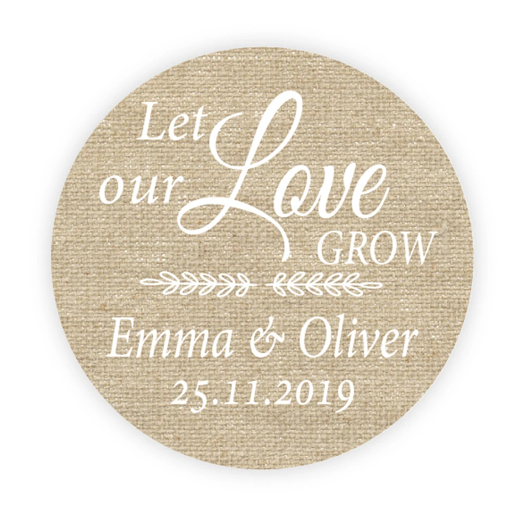 

DouxArt 100 Pieces Personalized Wedding Favors Stickers, 4cm Linen Let Our Love Grow Wedding Party Decoration Gift Box Labels