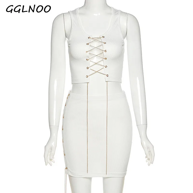 

GGLNOO Sexy Tracksuit 2 Piece Set Sexy Hollow Chain Bandage Navel Vest Short Skirt AndTank Top Short skirt suit Casual Solid Two